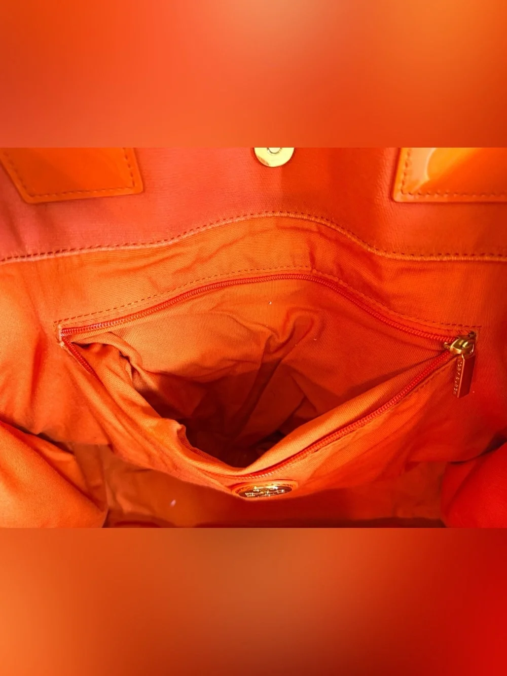 Tory Burch Orange Canvas Tote Patent Leather Trim Embossed Logo Bag